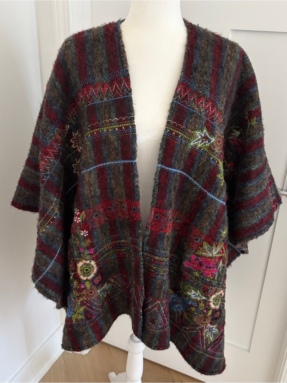 Chico’s One Size Wool Blend Embroidered Striped Open Front Poncho Cardigan Boho